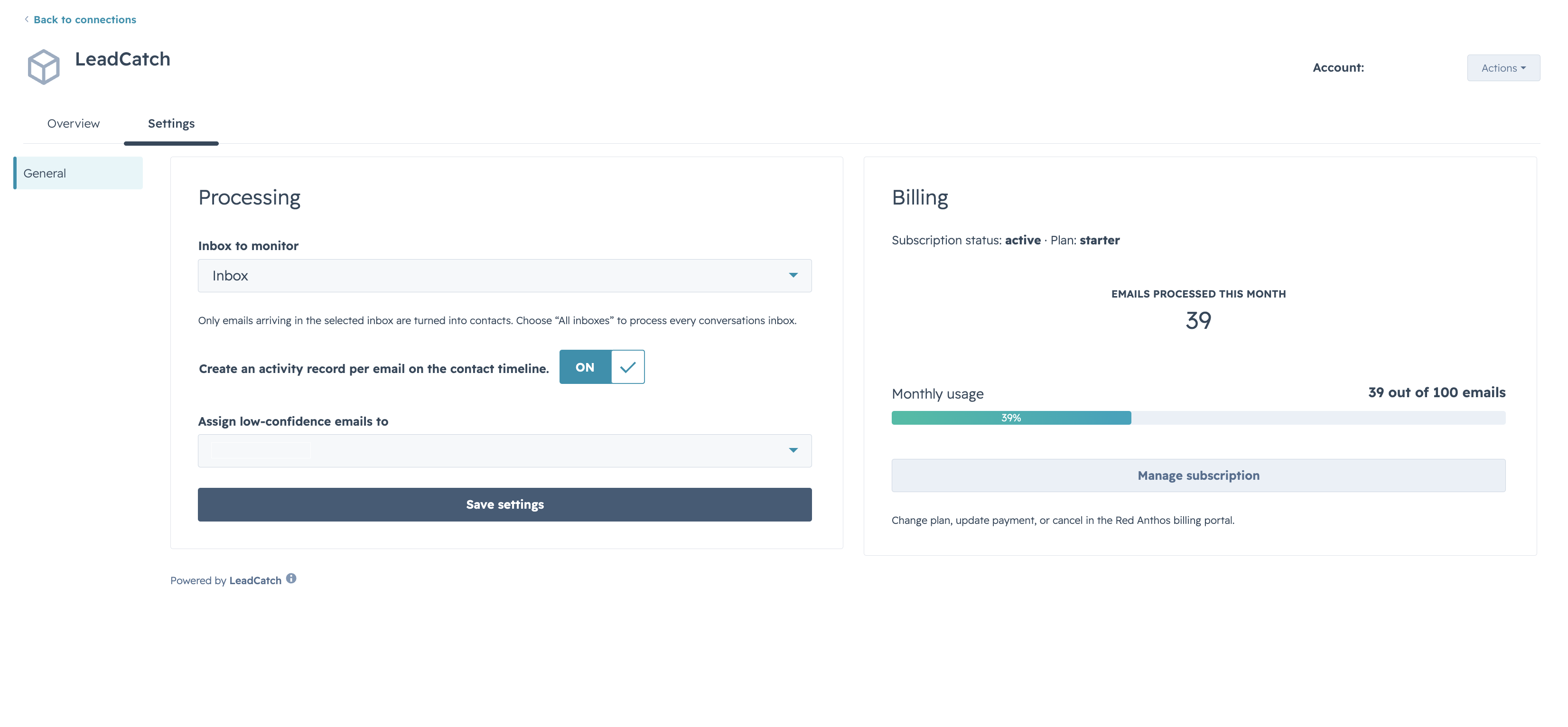 The LeadCatch Settings screen, showing the Processing panel (inbox to monitor, activity-record toggle, and low-confidence owner assignment) alongside a Billing panel with subscription status and monthly usage